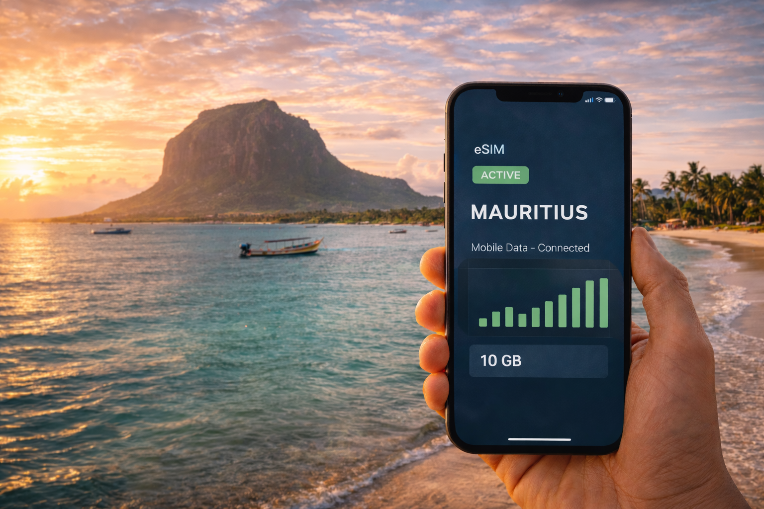 A smartphone with an activated eSIM for Mauritius against a tropical beach with views of Le Morne, turquoise water, and a sunset sky