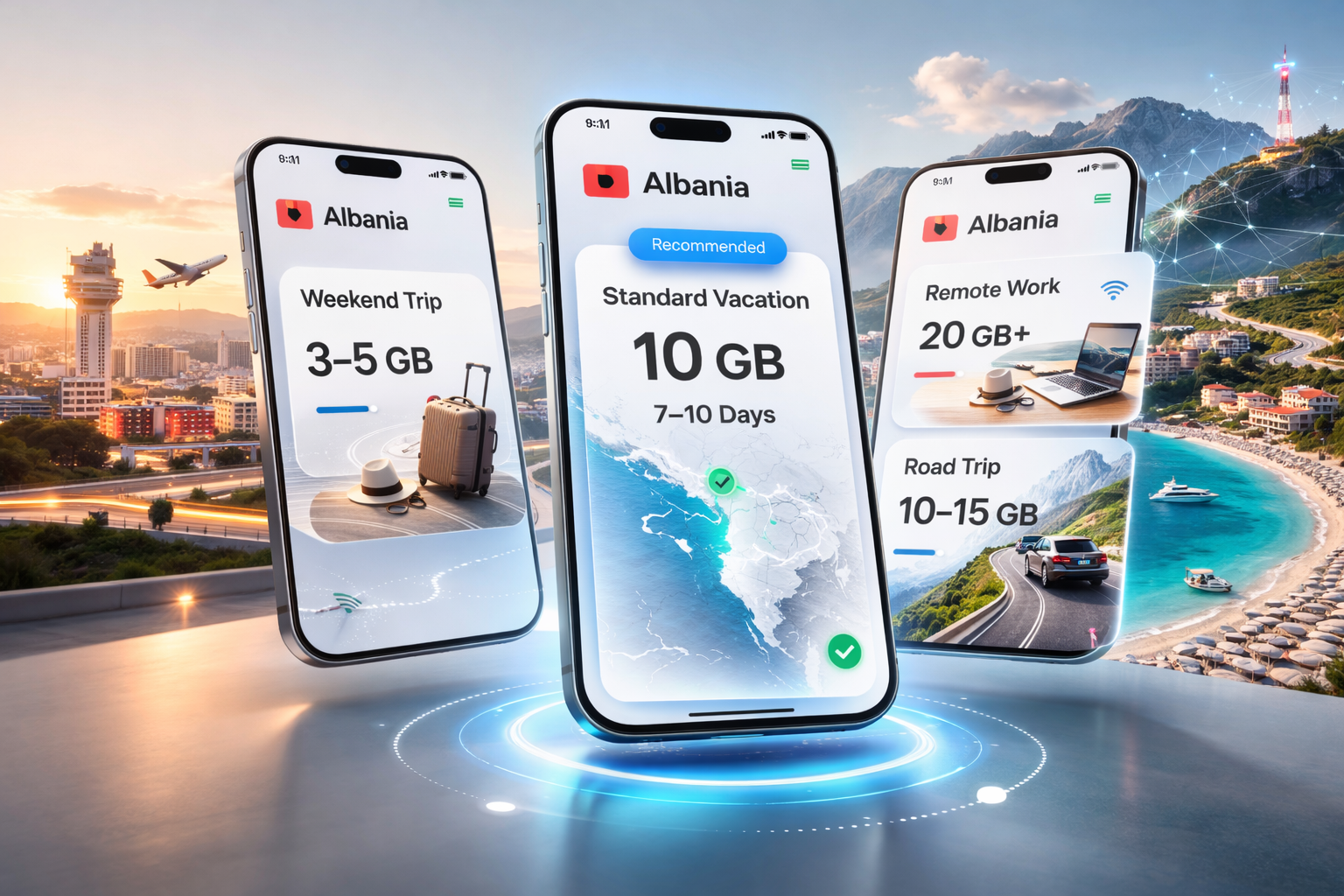 Three modern thin-bezel smartphones on a light gradient background show eSIM plans for Albania—Weekend Trip 3–5 GB, Standard Vacation 10 GB labeled Recommended, plus Remote Work 20 GB+ and Road Trip 10–15 GB options; a clean minimalist SaaS-style interface.