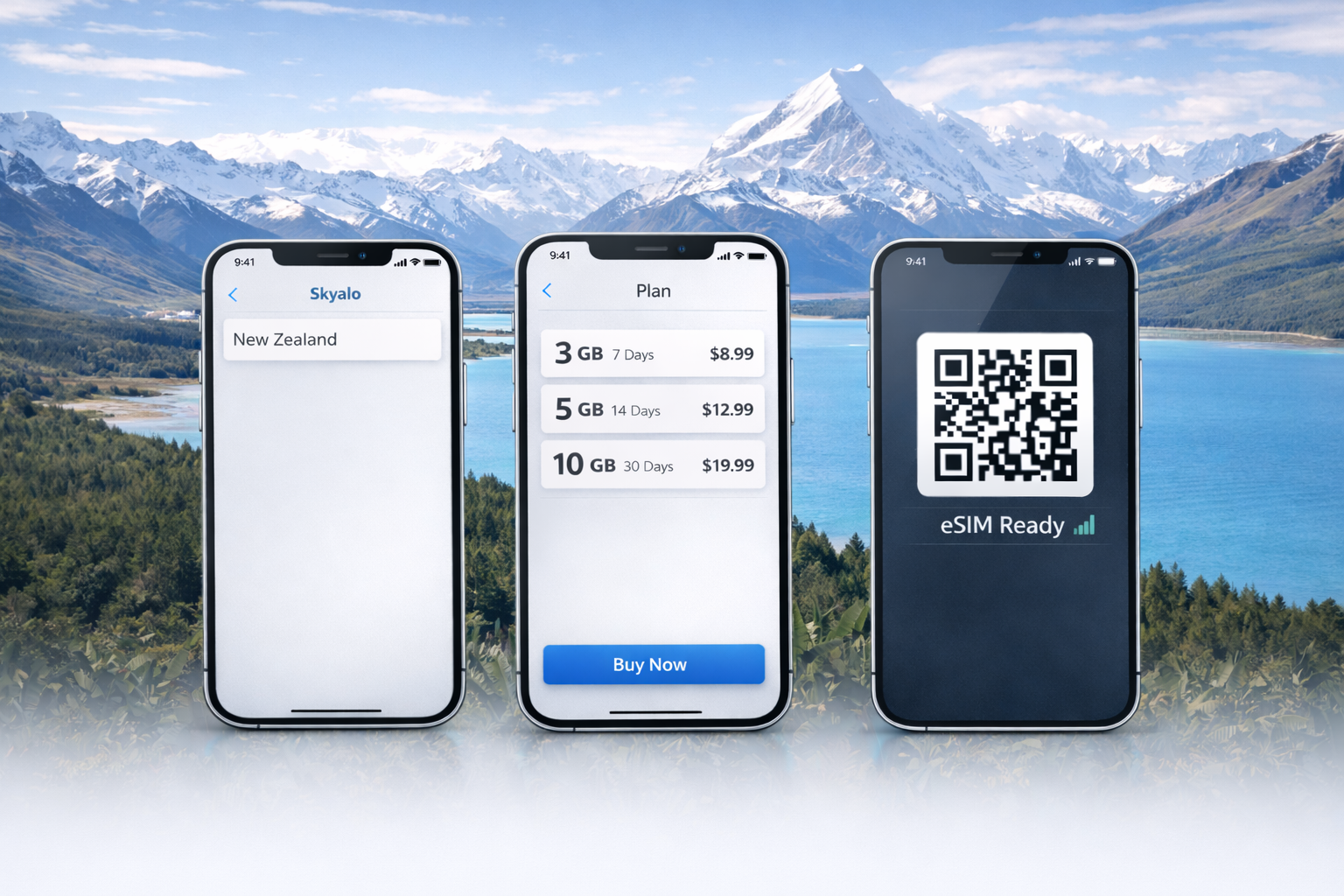 Trīs viedtālruņi ar Skyalo eSIM Jaunzēlandei ar tarifiem un QR kodu uz kalnu un ezera fona