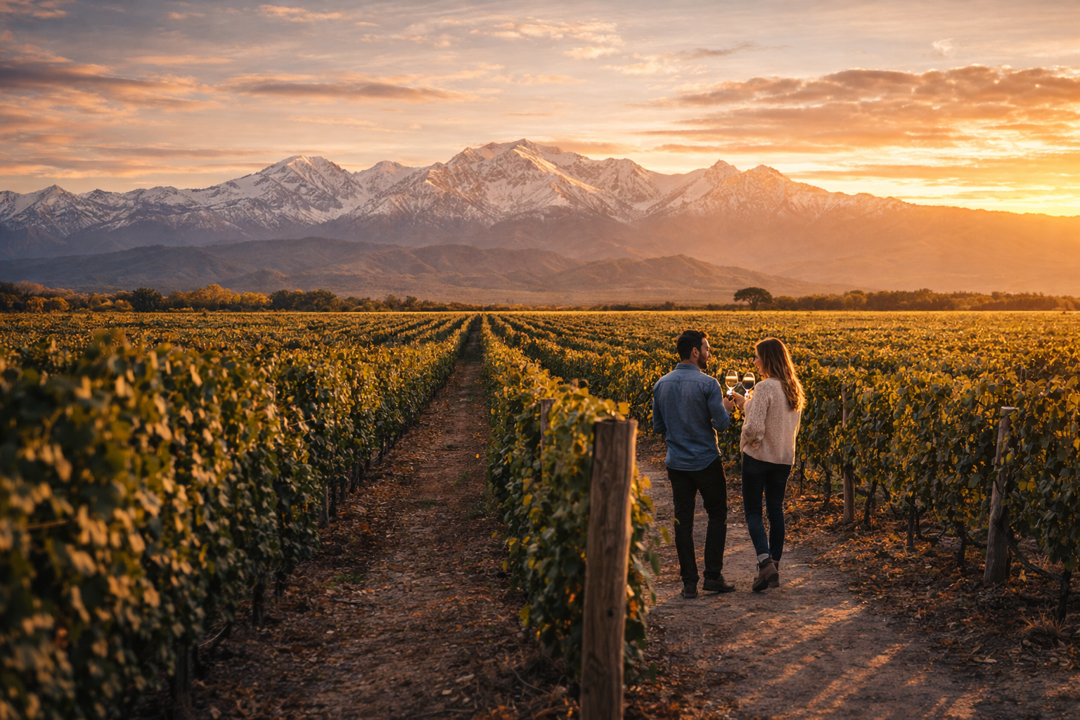 Mendoza vineyards with the Andes in the background and a couple of tourists booking a tasting via eSIM