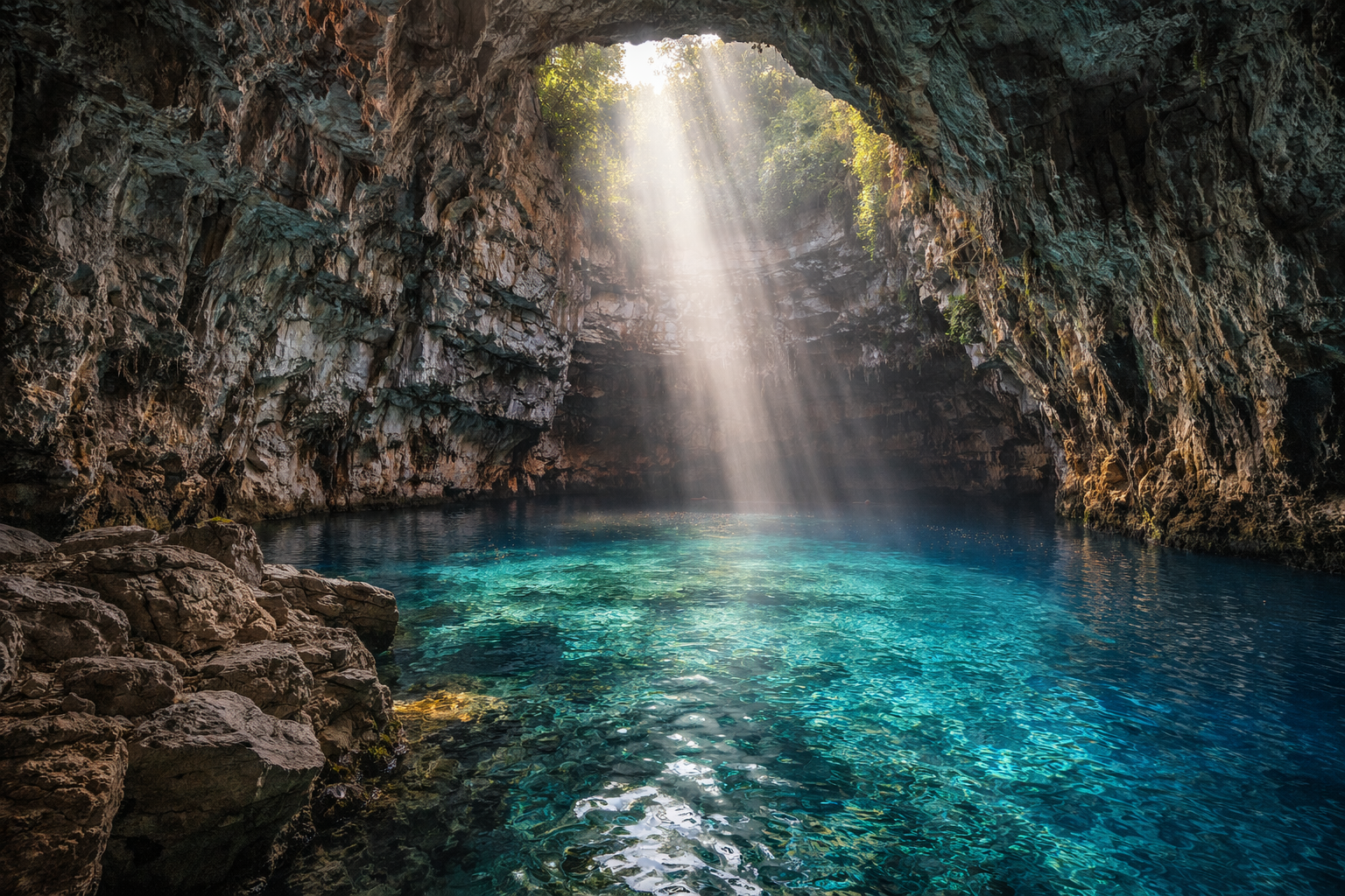 The underground lake of Melissani in a Kefalonia cave