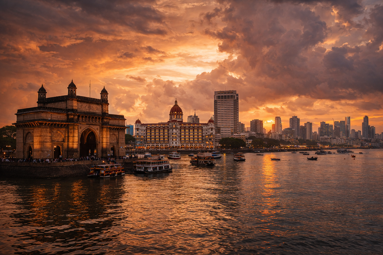 ممبئی کا ساحلی منظر، Gateway of India، سمندر، تاریخی فنِ تعمیر اور بڑے جدید میگا شہر کی بھرپور فضا کے ساتھ۔