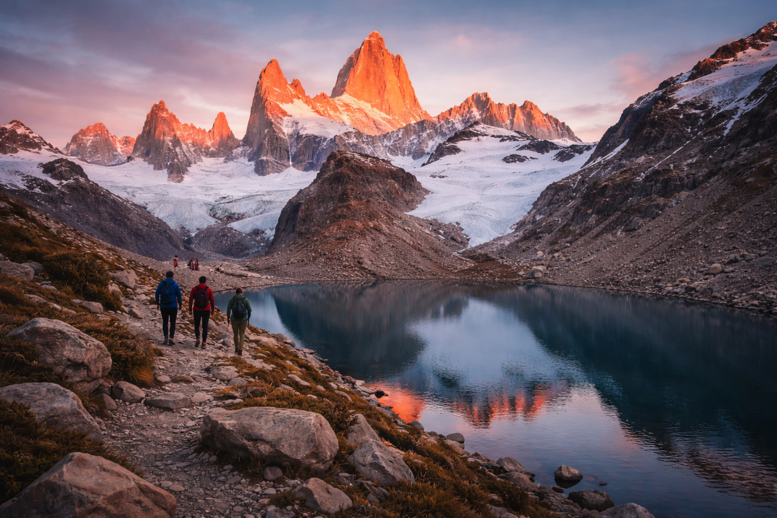 Mount Fitz Roy in Patagonia and a traveler with a phone using an eSIM to navigate the route