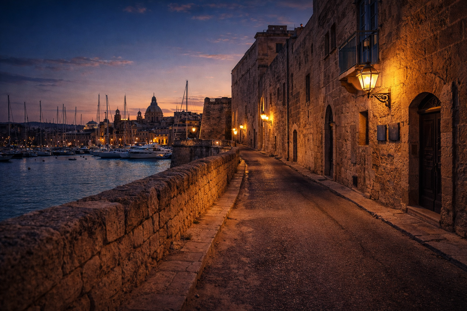 Bandar bersejarah Birgu dengan jalan dan seni bina