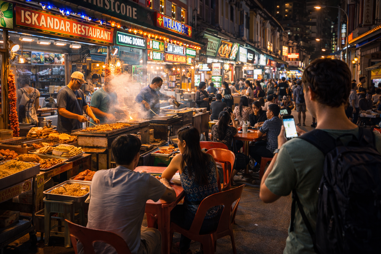 A night street-food market in the Little India district.