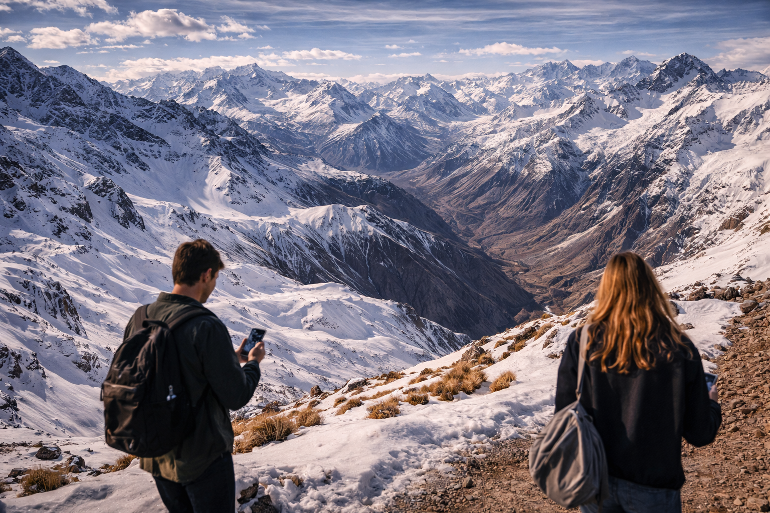 Viaggiatori in un punto panoramico sulle Ande con smartphone ed eSIM