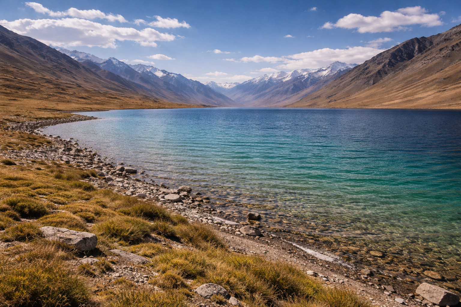 אגם יאשילקול בטג'יקיסטן עם עמק בגובה רב, מים צלולים ואווירה פמירית שקטה.