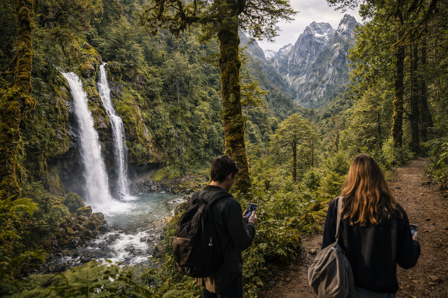 Viaggiatori passeggiano nel Parco nazionale Pumalín con smartphone ed eSIM