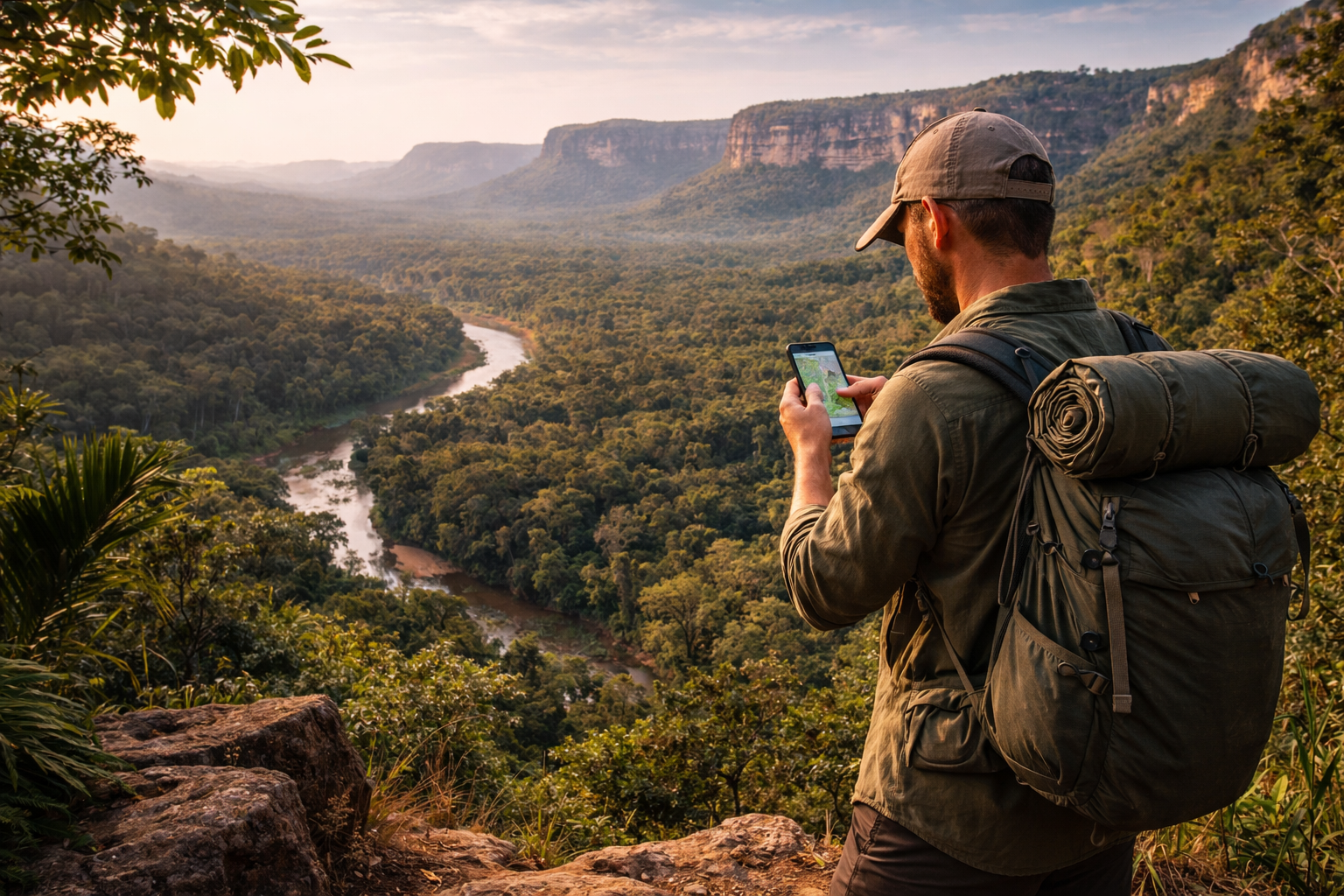 הפארק הלאומי נואל-קמפף-מרקדו בבוליביה עם יער טרופי, מרחבים טבעיים פתוחים ונוסע המשתמש ב-eSIM בסמארטפון בנקודה מרוחקת במסלול.