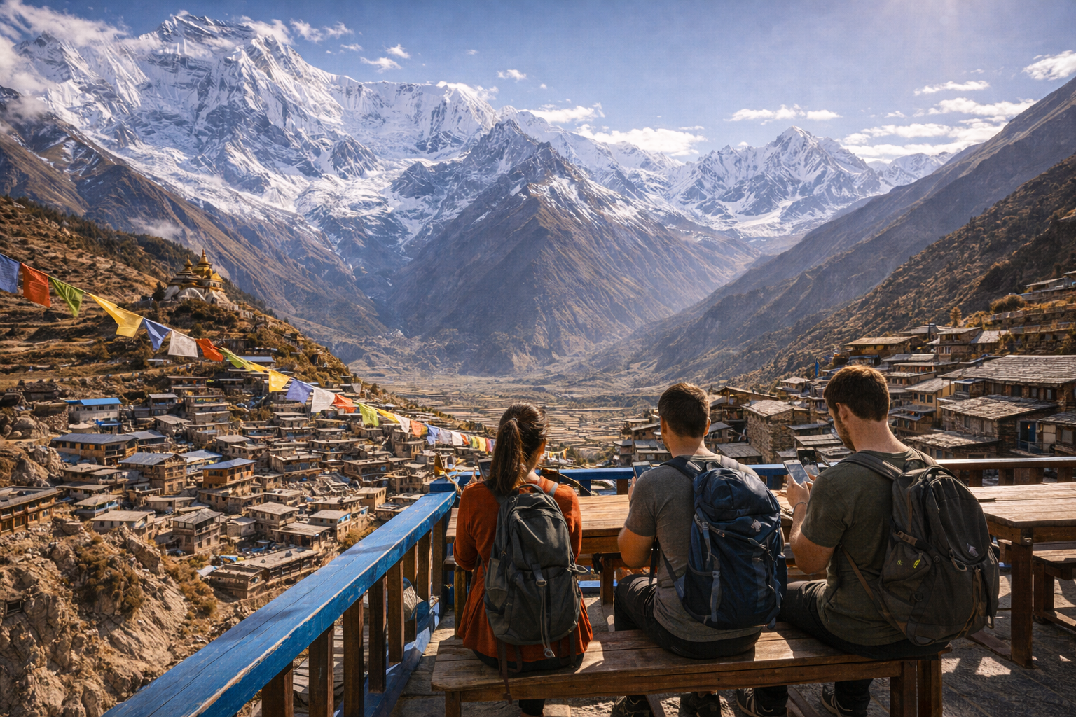 Trekker si riposano nel villaggio di Manang e usano smartphone con eSIM