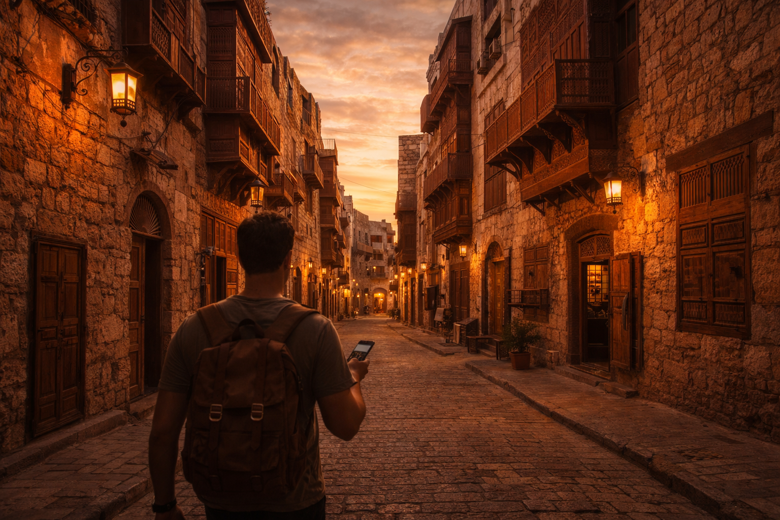 Turista sa prechádza historickou štvrťou Al-Balad v Džidde