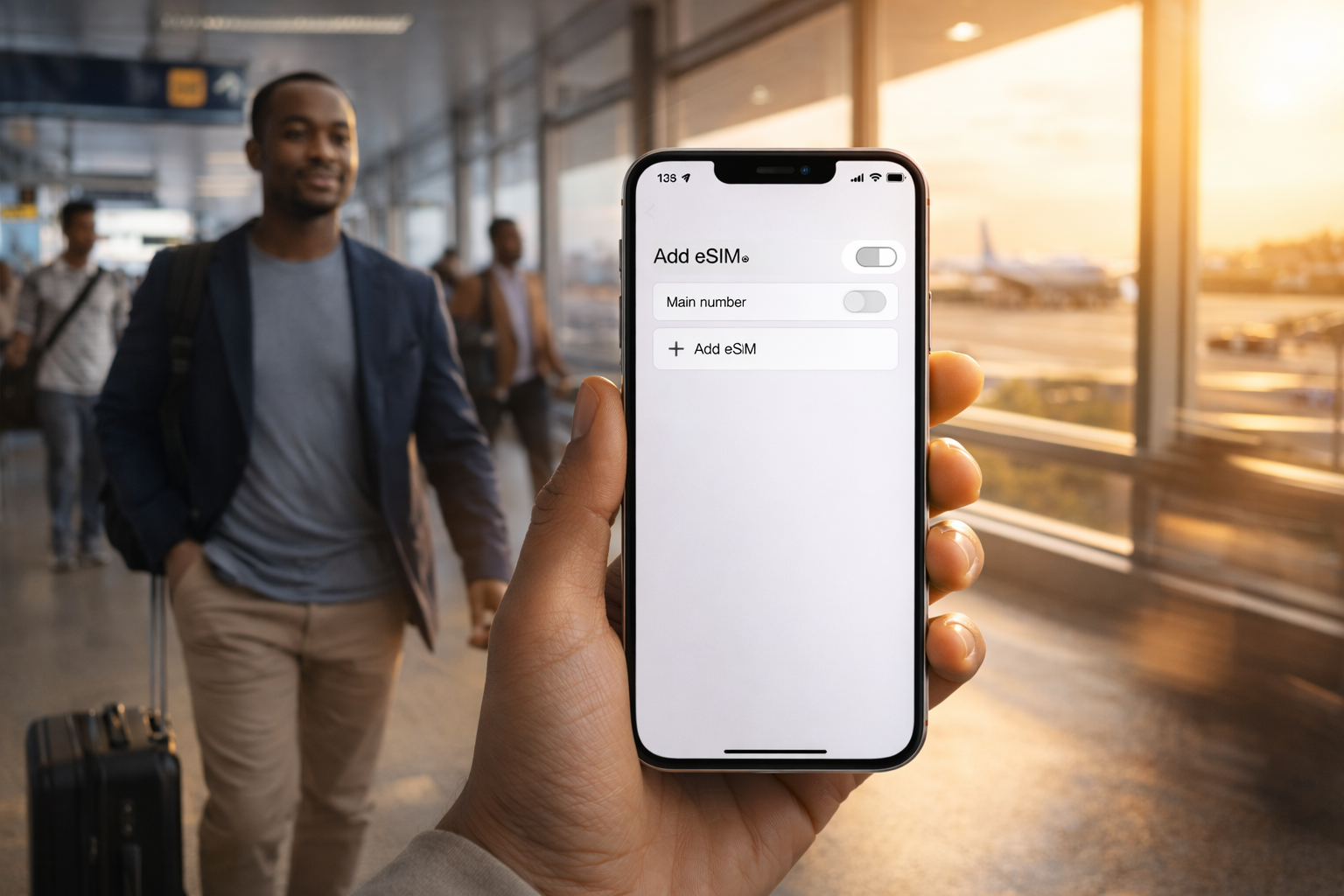 Checking eSIM on an iPhone at an Angola airport