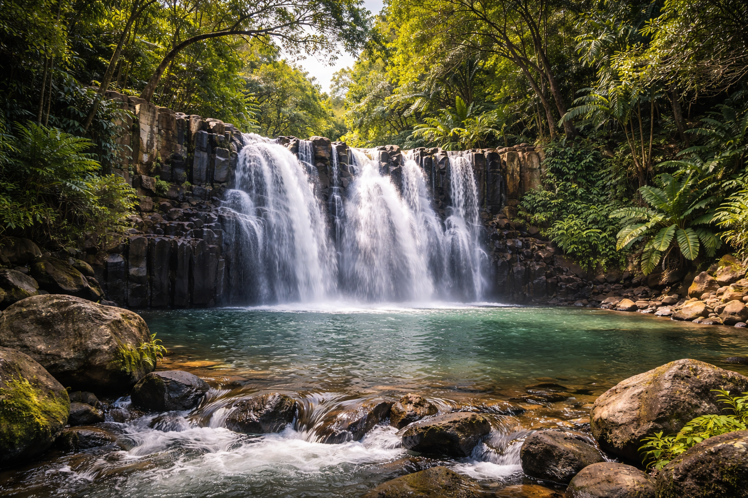 Rochester Falls in Mauritius with a waterfall, basalt cliffs, tropical greenery, and the feel of a secluded natural spot