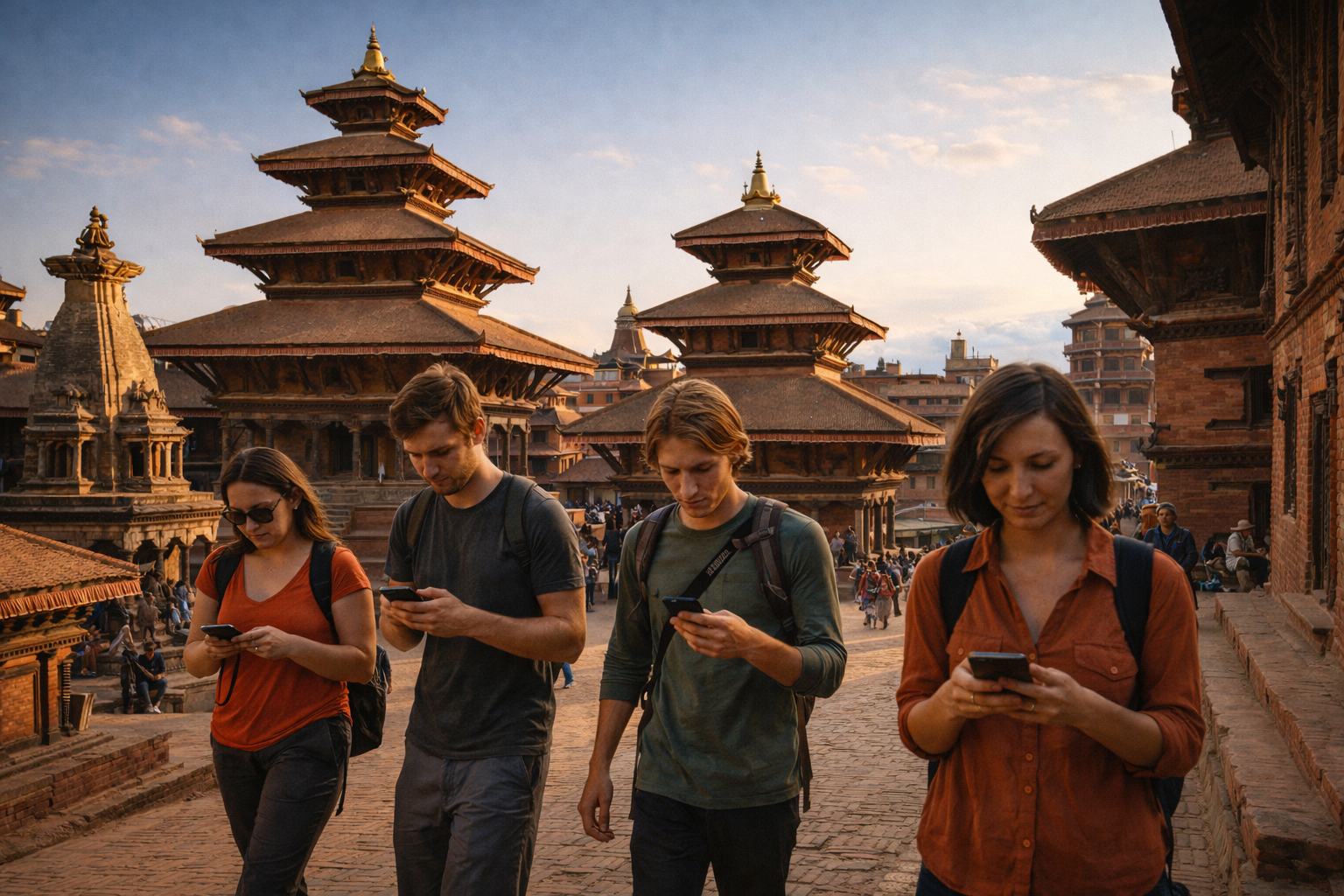Turisti passeggiano in Bhaktapur Durbar Square con smartphone ed eSIM