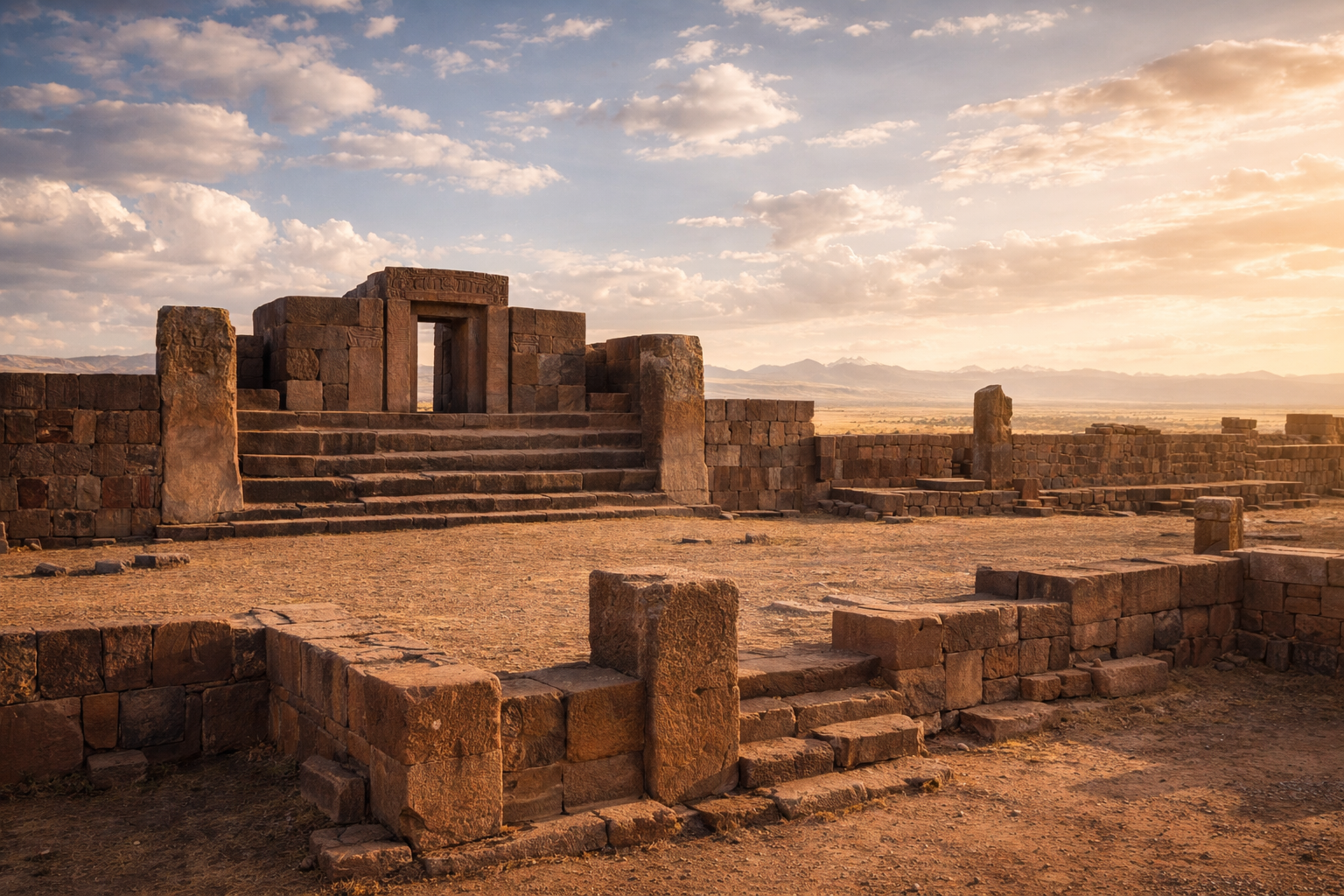 המתחם הארכאולוגי טיוואנאקו בבוליביה עם מבני אבן עתיקים, נוף פתוח בגובה רב ואור שמש רך.
