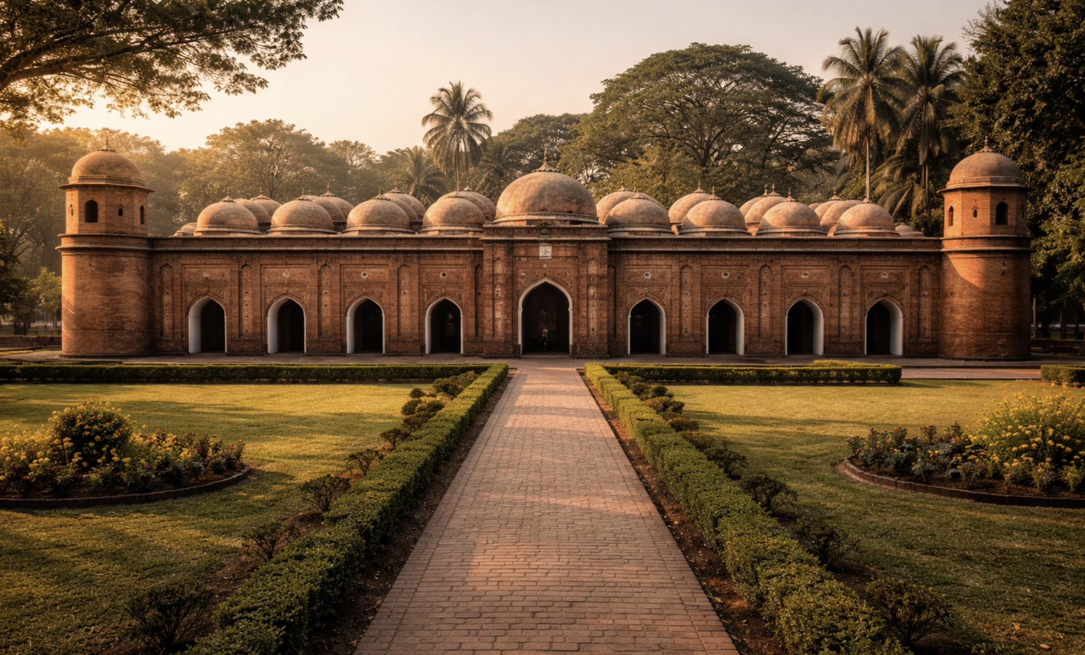 המסגד ההיסטורי שאט גומבוז בבגהרהאט עם אדריכלות סימטרית ותאורה חמה