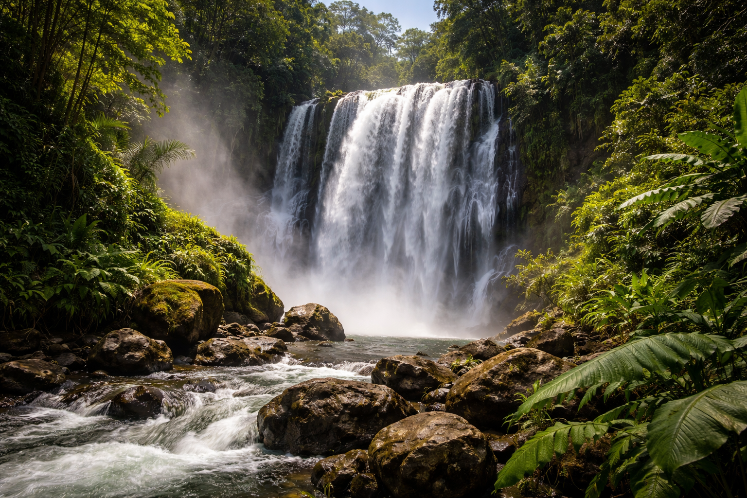 מפל פולחפנסאק העוצמתי בהונדורס בין צמחייה טרופית צפופה, סלעים וענן רסיסי מים