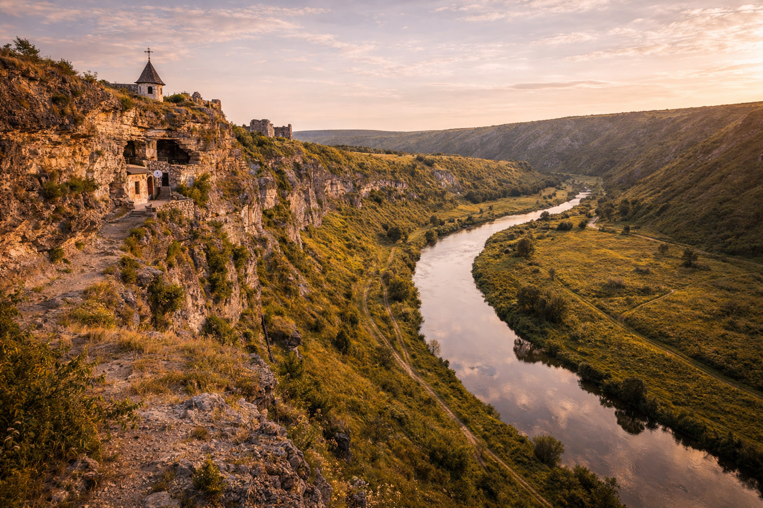 מבט פנורמי על אורחייול וקה במולדובה עם עמק ה-Reut, מצוקים סלעיים, חורבות עתיקות ואור חם ורך.