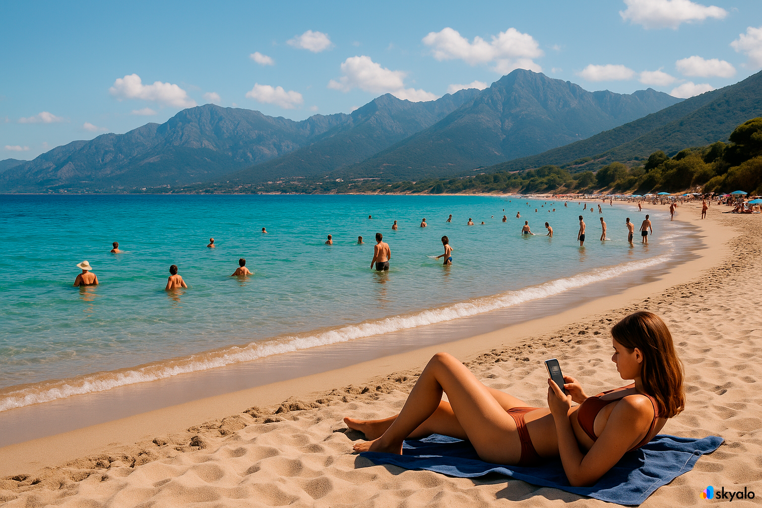 Corsican beach with tourist enjoying the view, smartphone with Skyalo eSIM