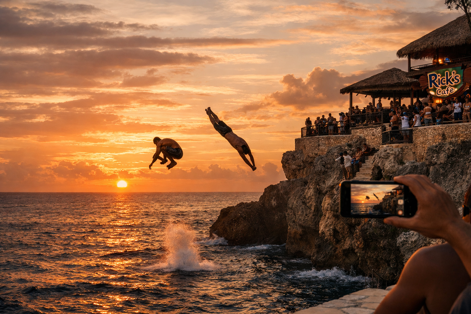 Sunset at Rick’s Cafe in Negril, tourists in the distance filming cliff jumps on smartphones