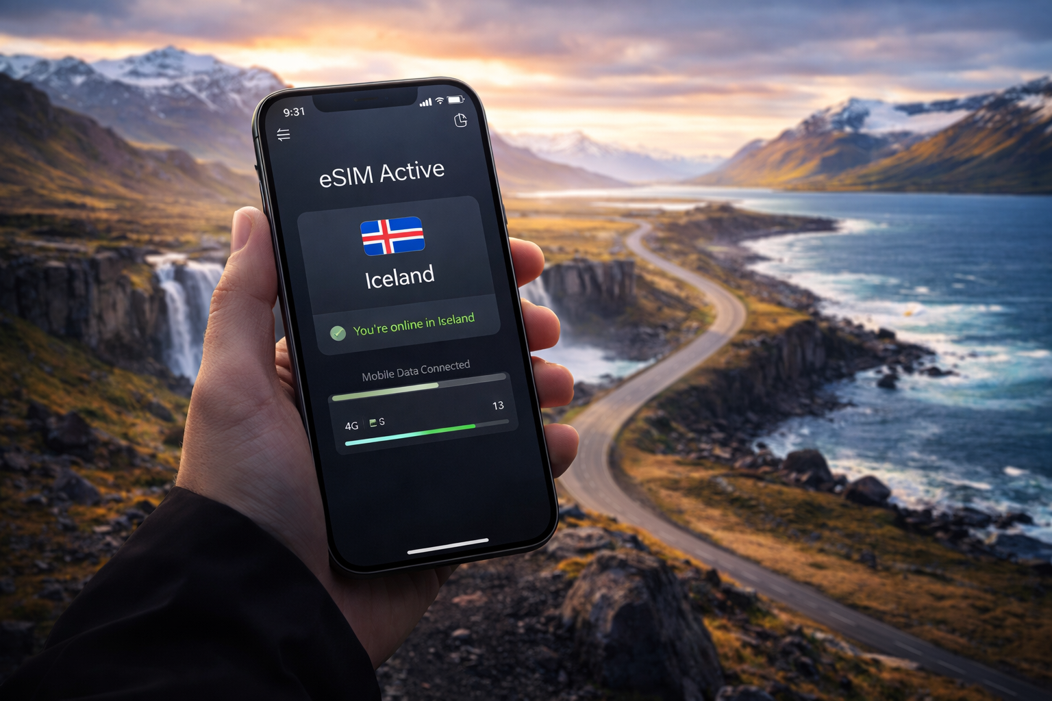 Viedtālrunis ar aktīvu eSIM Islandei uz skaistu dabas ainavu fona ar kalniem, ūdenskritumu un ziemeļu atmosfēru