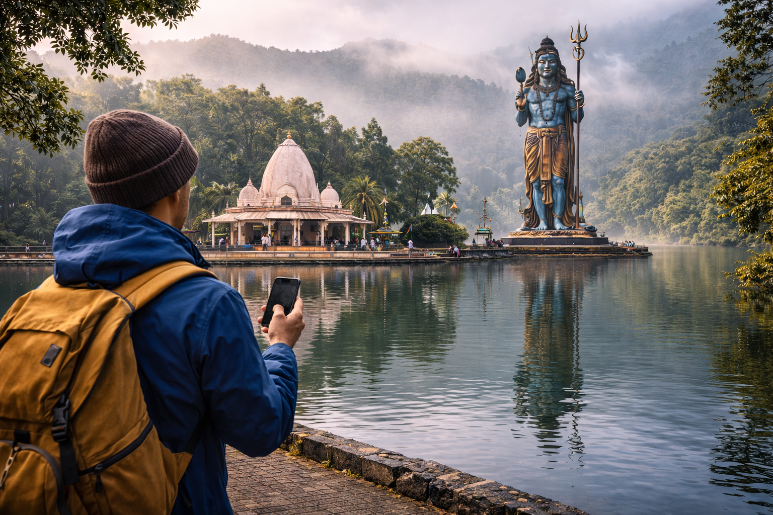 Grand Bassin in Mauritius with a temple, lake, and a traveler using an eSIM on a smartphone for navigation