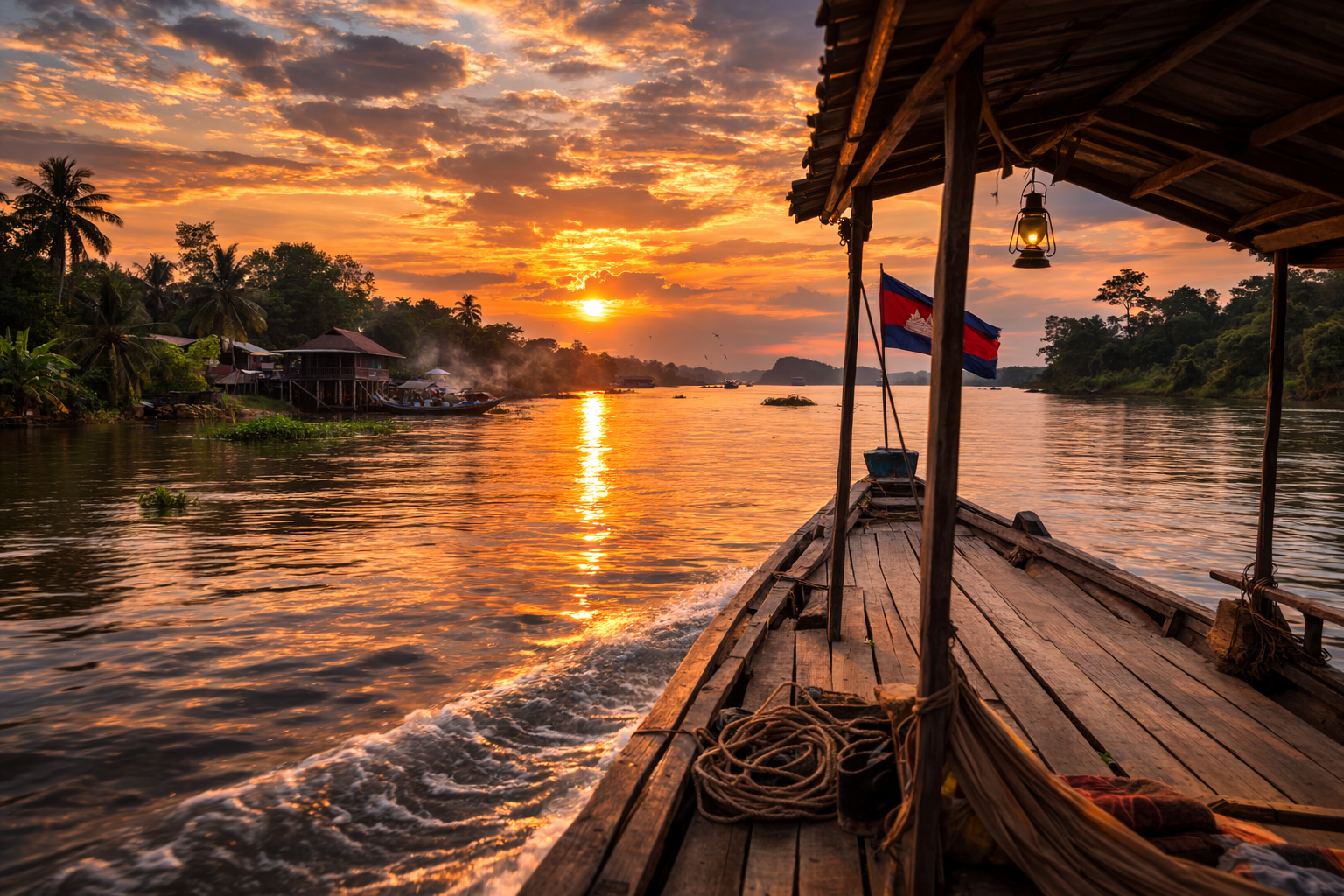 Sunset over the Mekong River with a boat against an orange sky