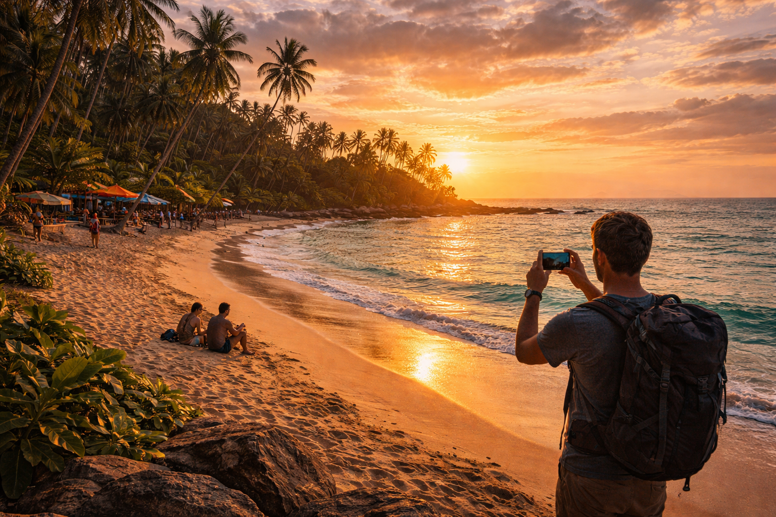Mirissa Beach with palms and turquoise Indian Ocean water in Sri Lanka.