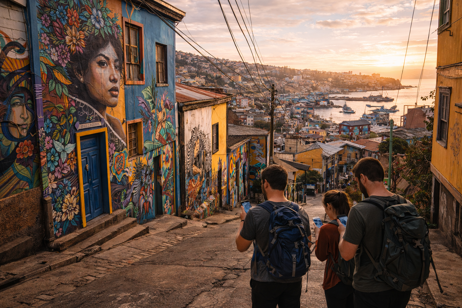 Turisti passeggiano per le strade colorate di Valparaíso con smartphone ed eSIM