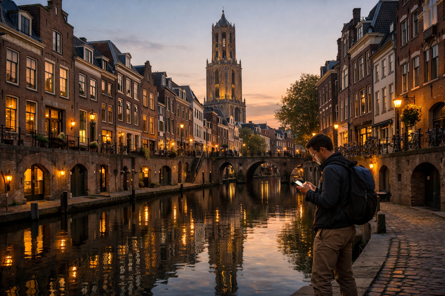 Utrecht’s canals with the Dom Tower and historic buildings