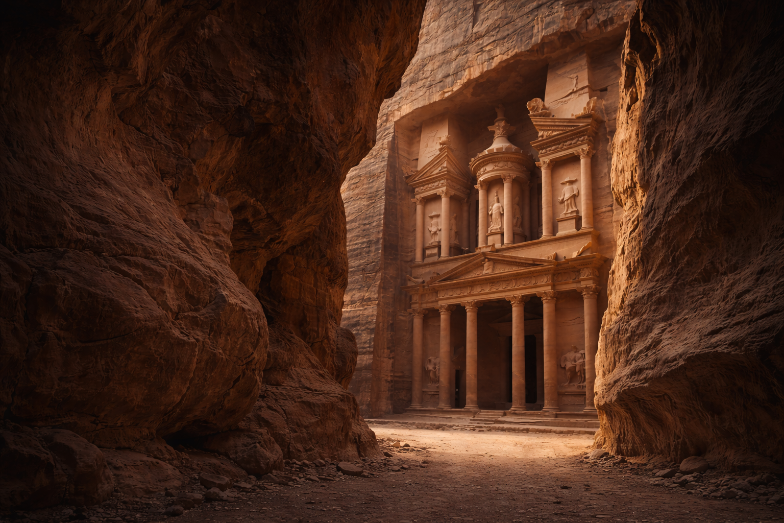 פטרה בירדן עם חזית אל-חזנה והסלעים הוורודים של העיר העתיקה החצובה בסלע