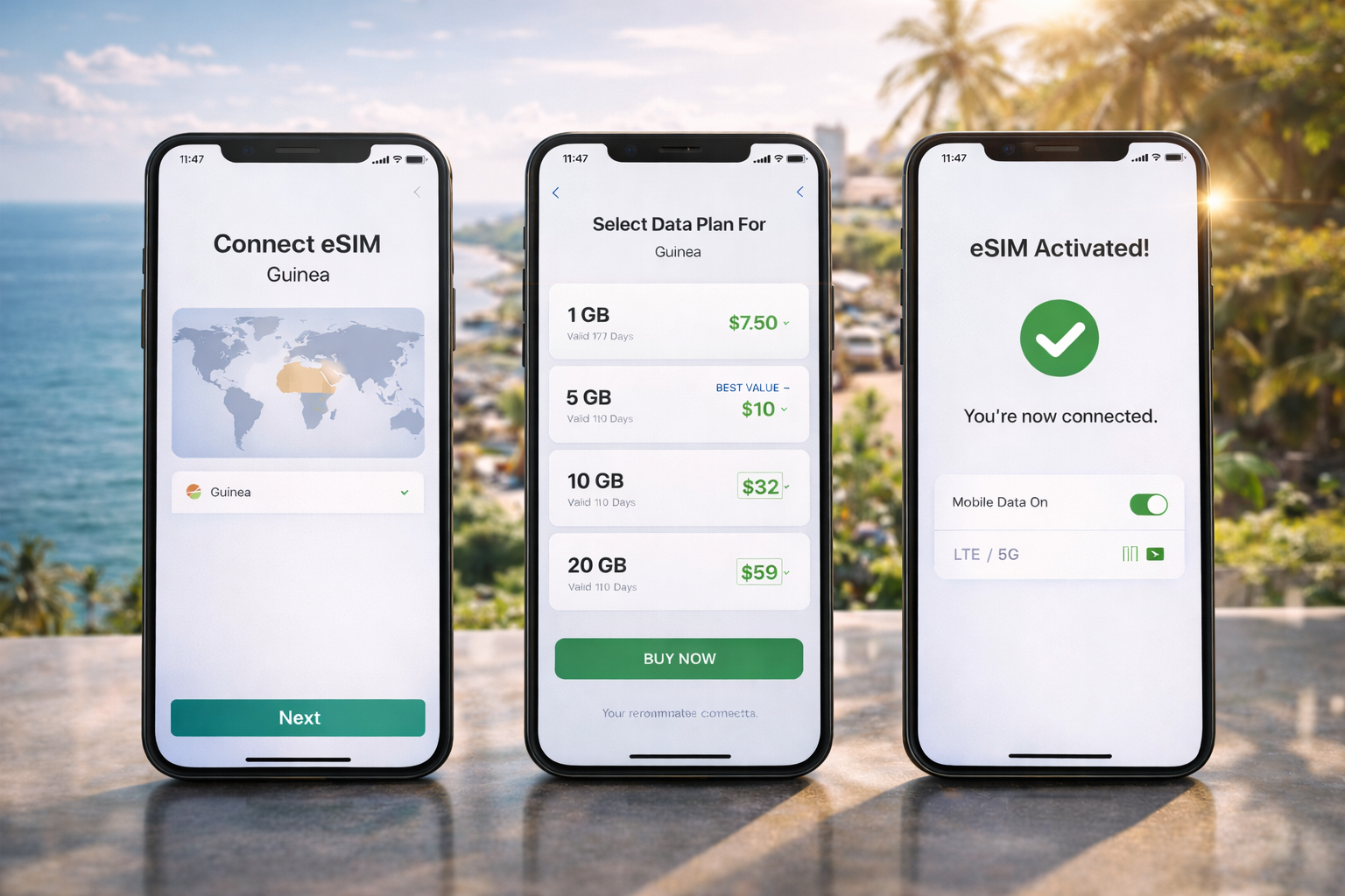 Tre smartphone mostrano il processo di attivazione della eSIM - scelta del Paese, scelta della tariffa e attivazione internet riuscita