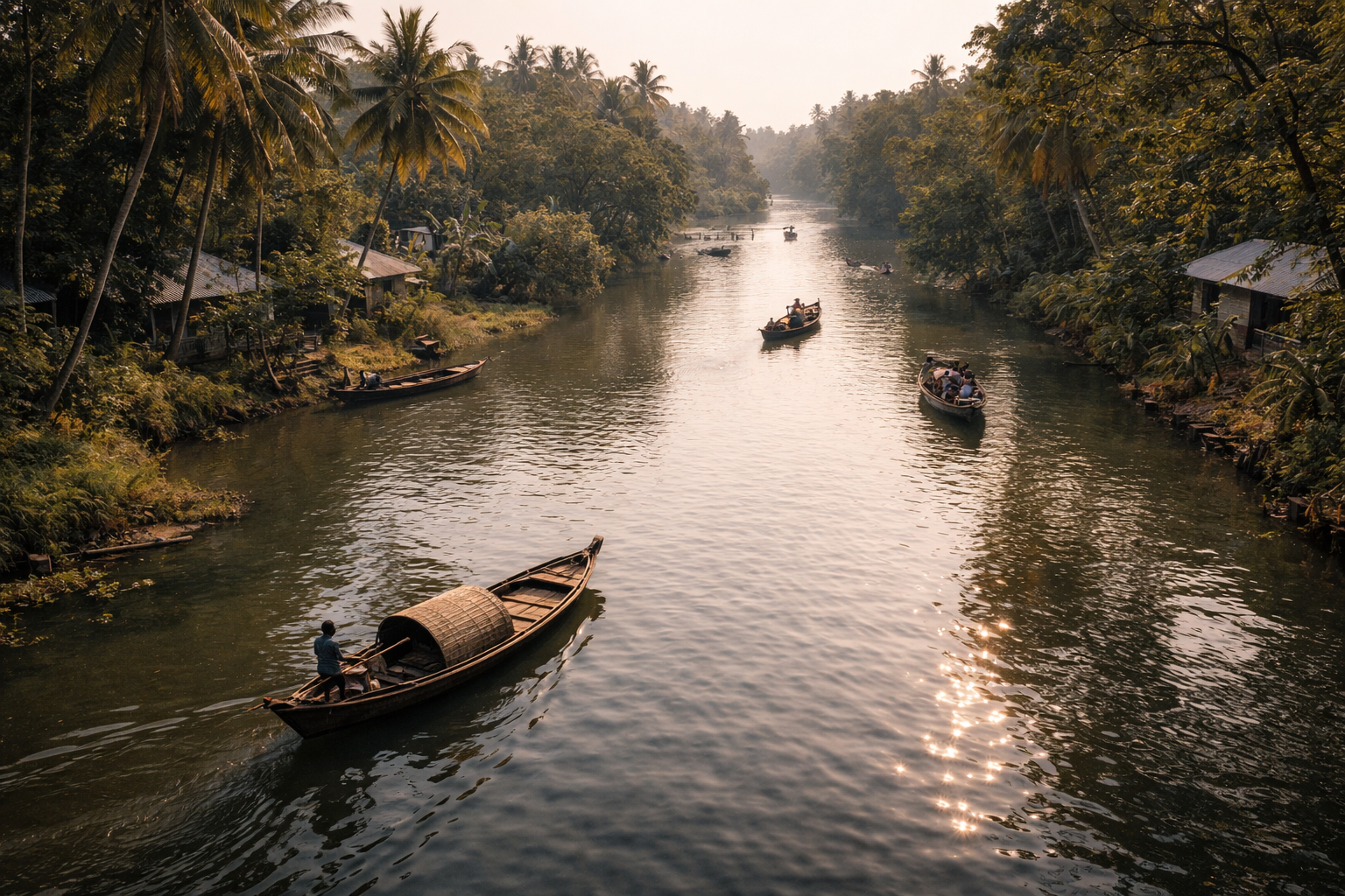 תעלות נהר בבריסאל עם סירות עץ מסורתיות וחופים ירוקים המשתקפים במים שקטים