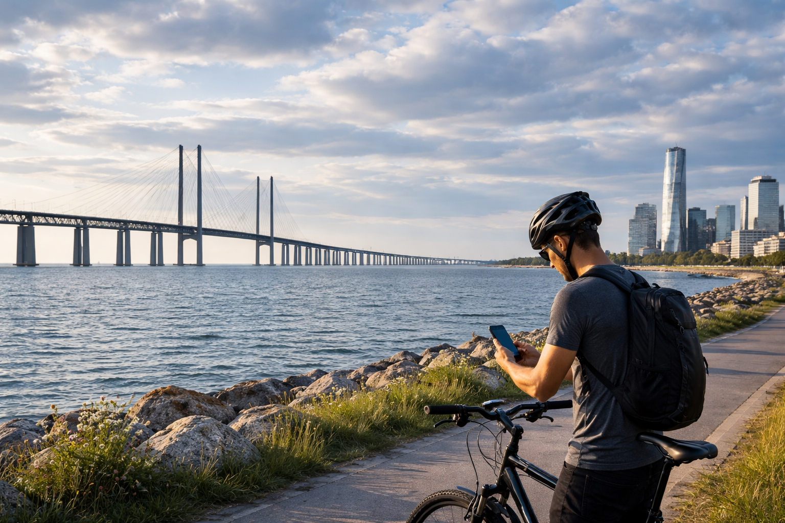 The Öresund Bridge between Sweden and Denmark; a cyclist uses a smartphone