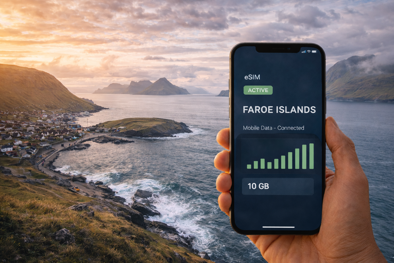 Smartfon w dłoni z aktywowaną eSIM na Wyspy Owcze na tle nadmorskiej wioski, klifów i oceanu, widoczne połączenie z mobilnym internetem i pakiet 10 GB