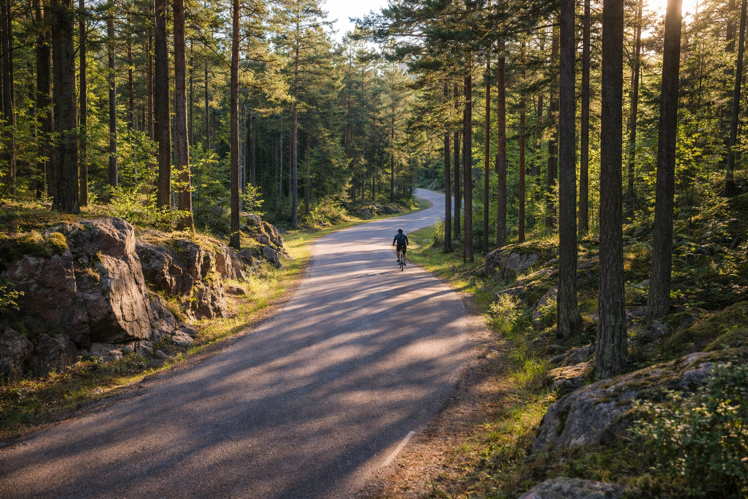 A forest road in the Geta region in the Åland Islands with a cyclist using eSIM