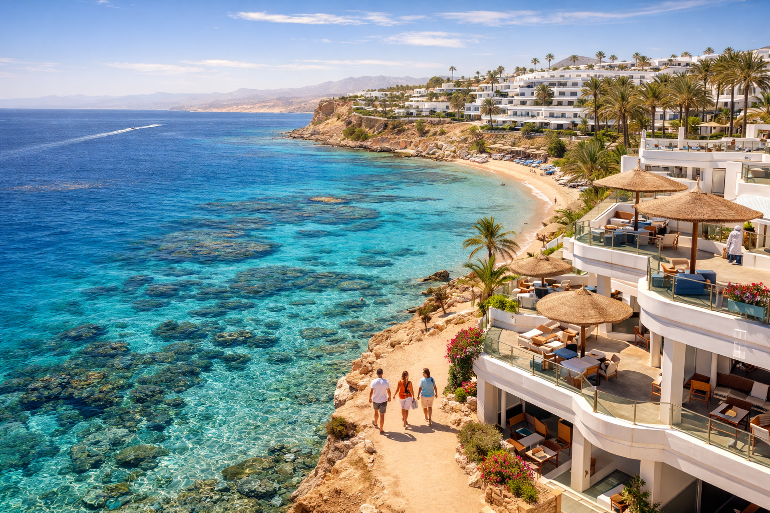 The Sharm El Sheikh coastline with coral reefs and tourists on the beach — traveling in Egypt with eSIM internet
