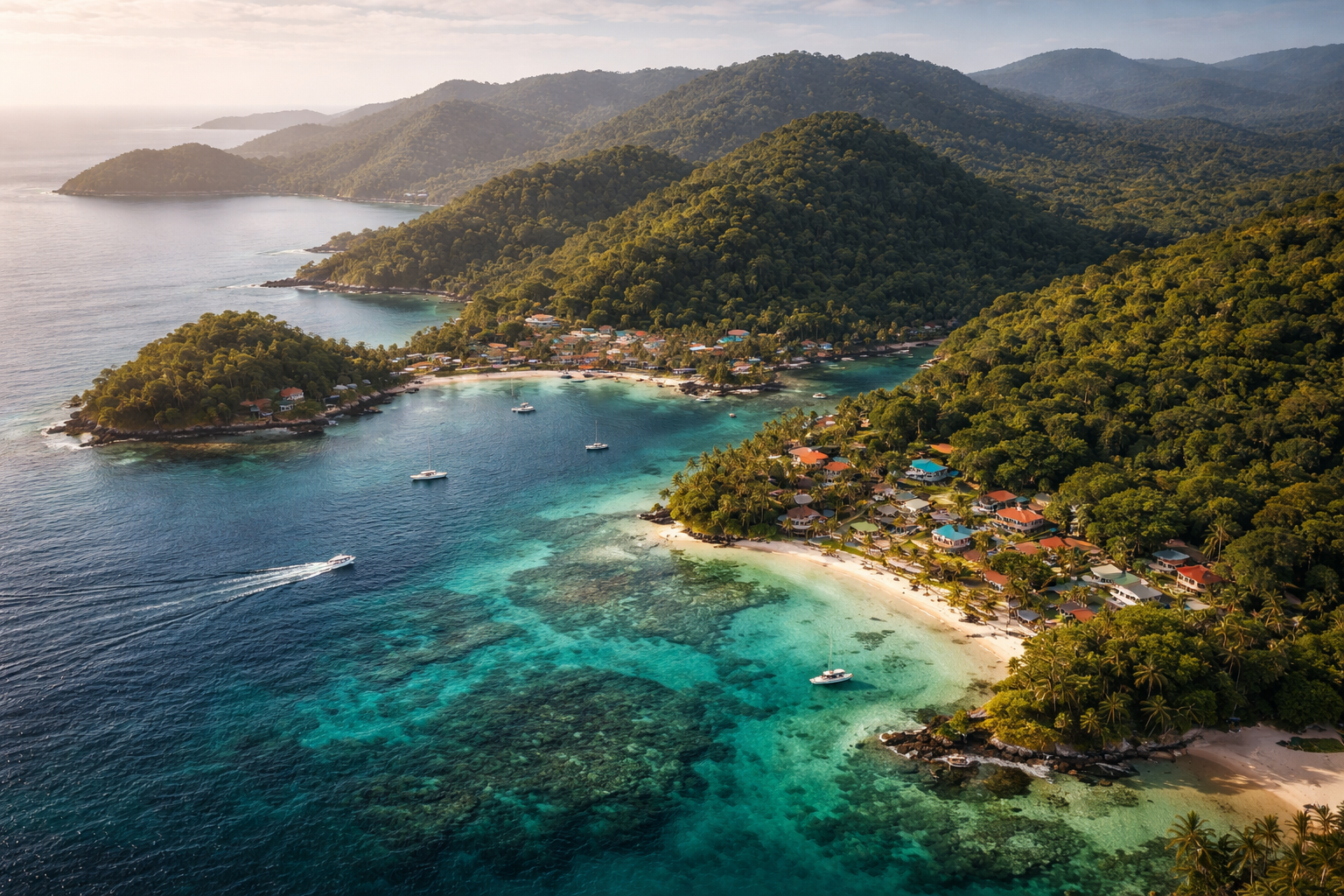 אי קריבי ירוק גואנחה בהונדורס עם גבעות, מפרצים ומים צלולים