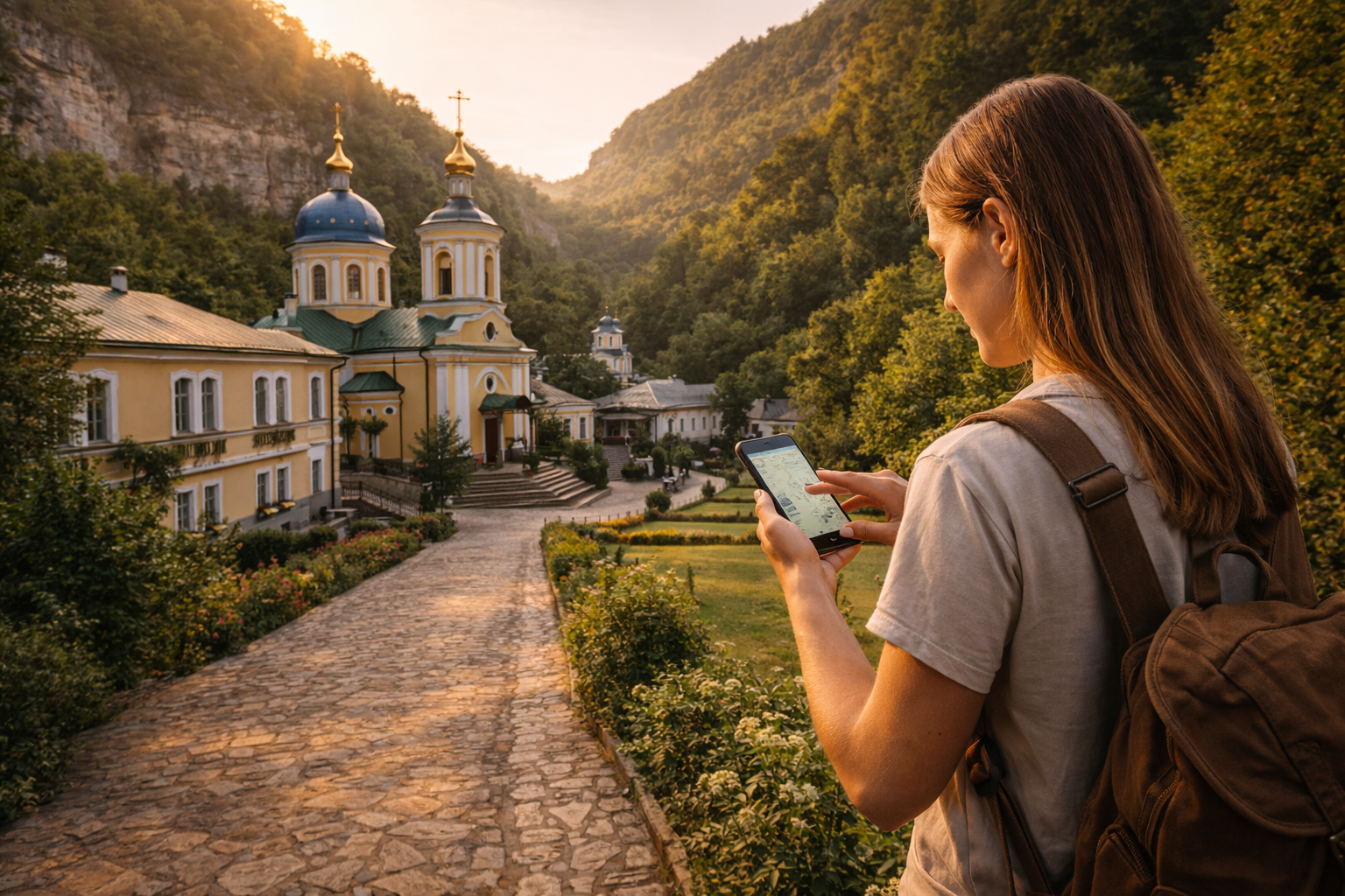 סחארנה במולדובה עם מתחם מנזרי, עמק ירוק ומטייל שמשתמש ב-eSIM בסמארטפון בזמן ההליכה.