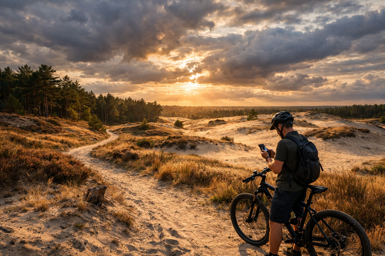 Sandy dunes and forests of Hoge Veluwe with a cyclist