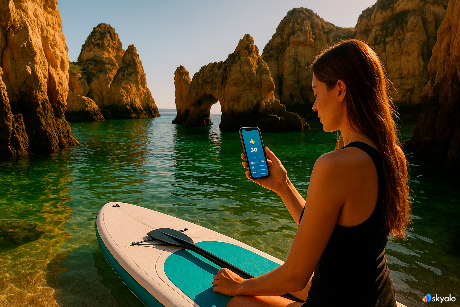 Woman on a SUP beneath Ponta da Piedade’s arch at pink dawn; phone with Skyalo eSIM, emerald water under the cliffs
