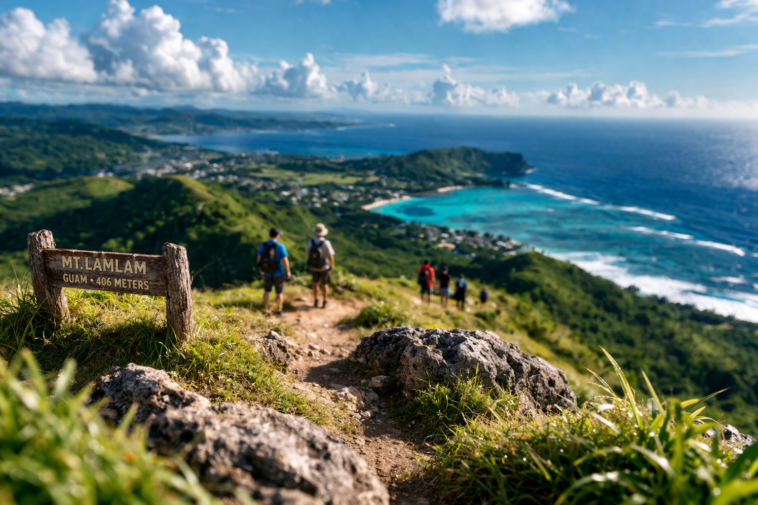 Mount Lamlam overlooking the ocean with tourists in the background