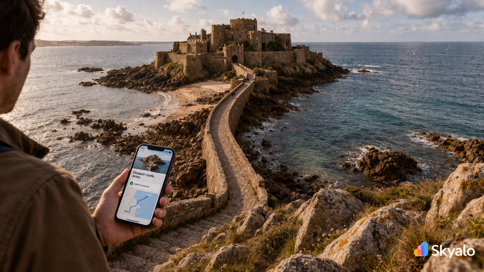 טירת אליזבת בג'רזי על רקע הים והסוללה האבן, לצד מטייל עם סמארטפון עם eSIM פעילה.