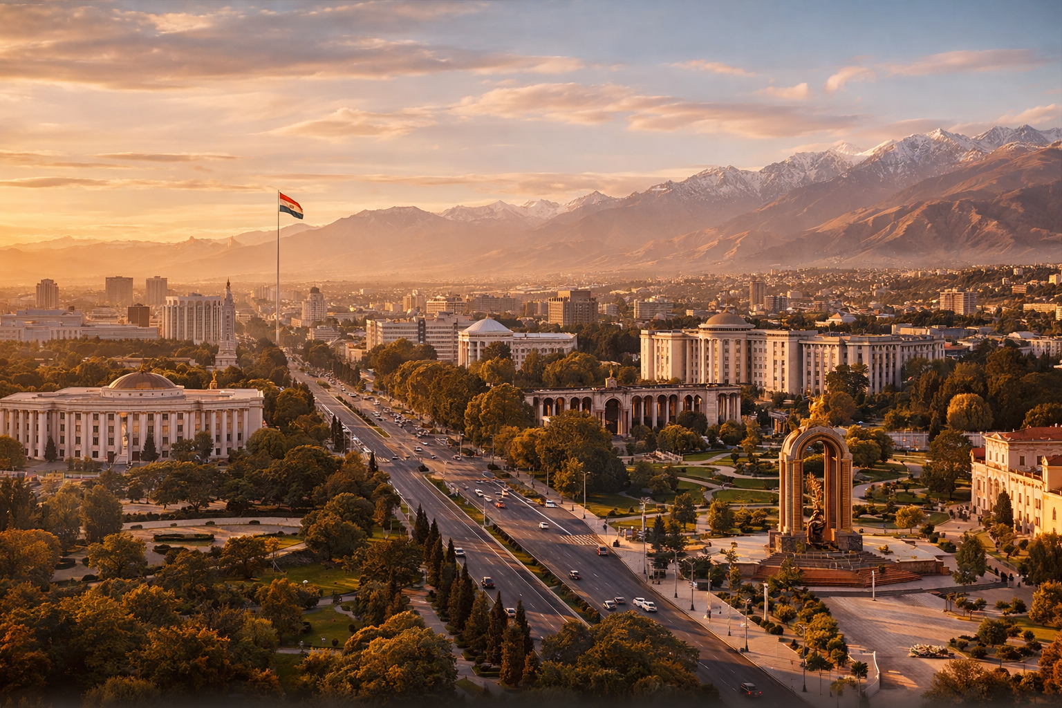 נוף פנורמי של דושנבה עם שדרות רחבות, פארקים ירוקים, אדריכלות עירונית והרים באופק.