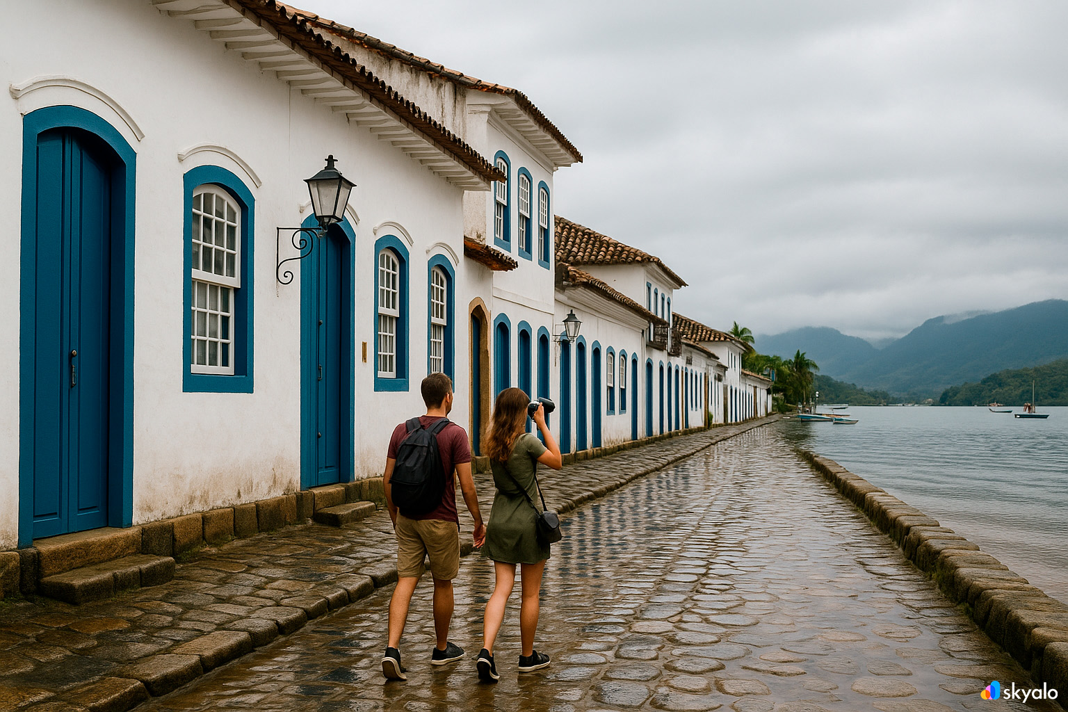 Couple walking Paraty’s cobblestone streets, photographing whitewashed houses after rain