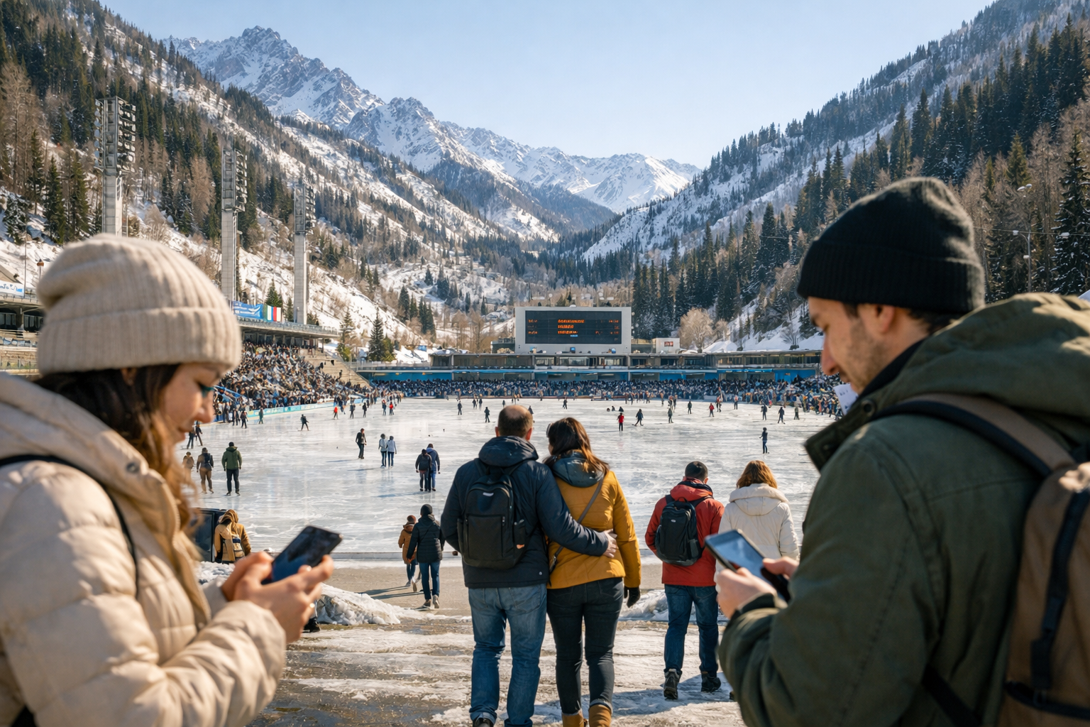 مسافرون عند حلبة ميديو بهواتف ذكية وeSIM