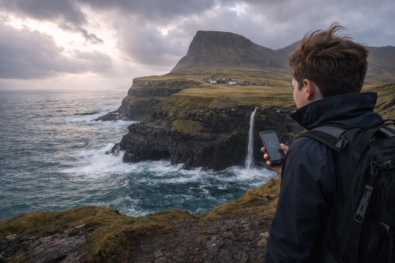Wodospad Múlafossur w Gásadalur z widokiem na ocean i podróżnikiem ze smartfonem z eSIM na Wyspach Owczych