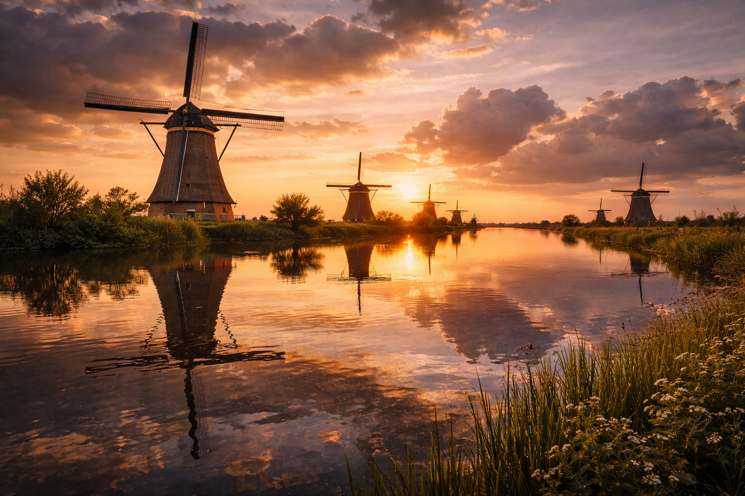 Kinderdijk windmills at sunset