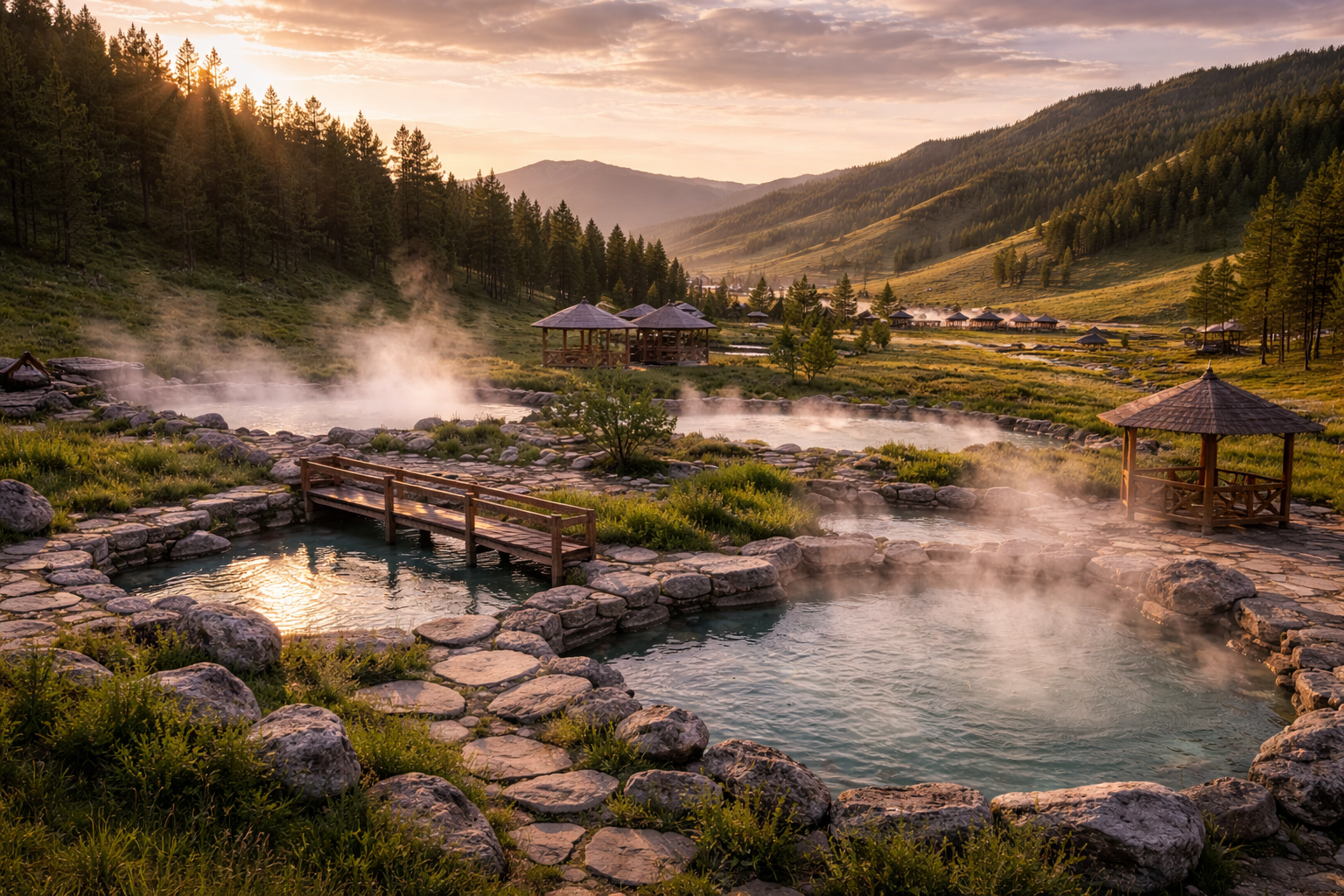Tsenkher con aguas termales y una atmósfera natural tranquila