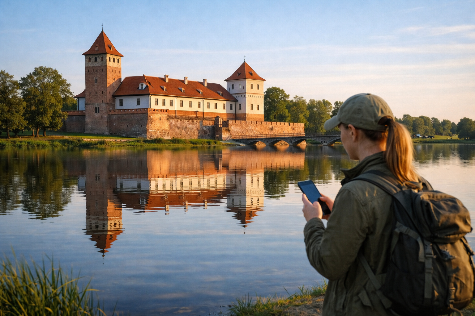 Biržai Castle by the lake and a tourist using a smartphone with eSIM for navigation